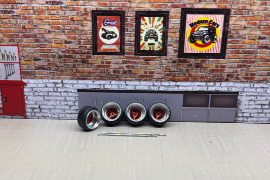 1:64 Chrome/red Deep Dish Rims For Hot Wheels And Matchbox